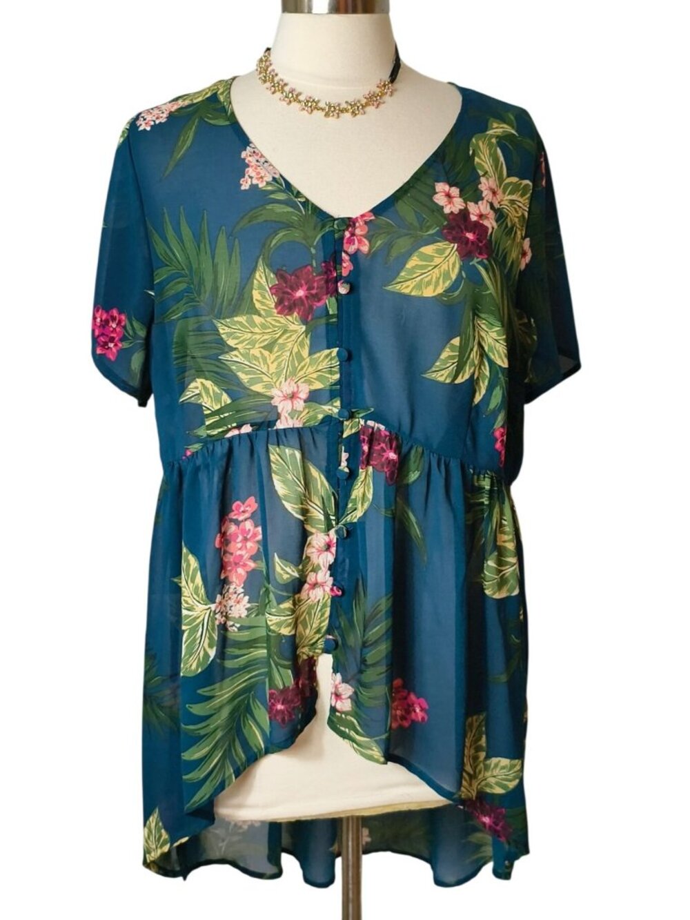 Torrid 1 Babydoll Chiffon Tunic Teal Hi-Low Tropical Floral Sheer Hawaiian